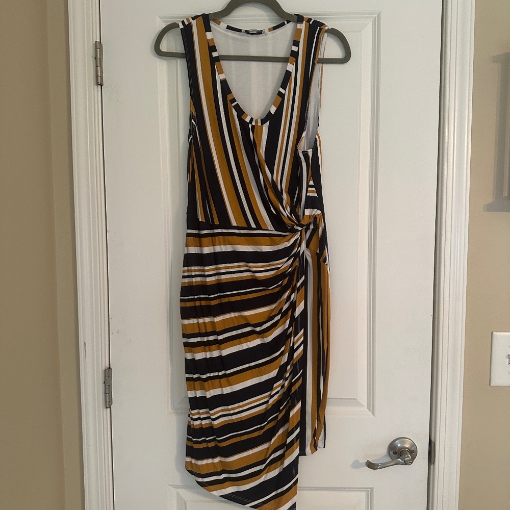 Allison Joy Navy and Gold Stripped Faux Wrap Dress